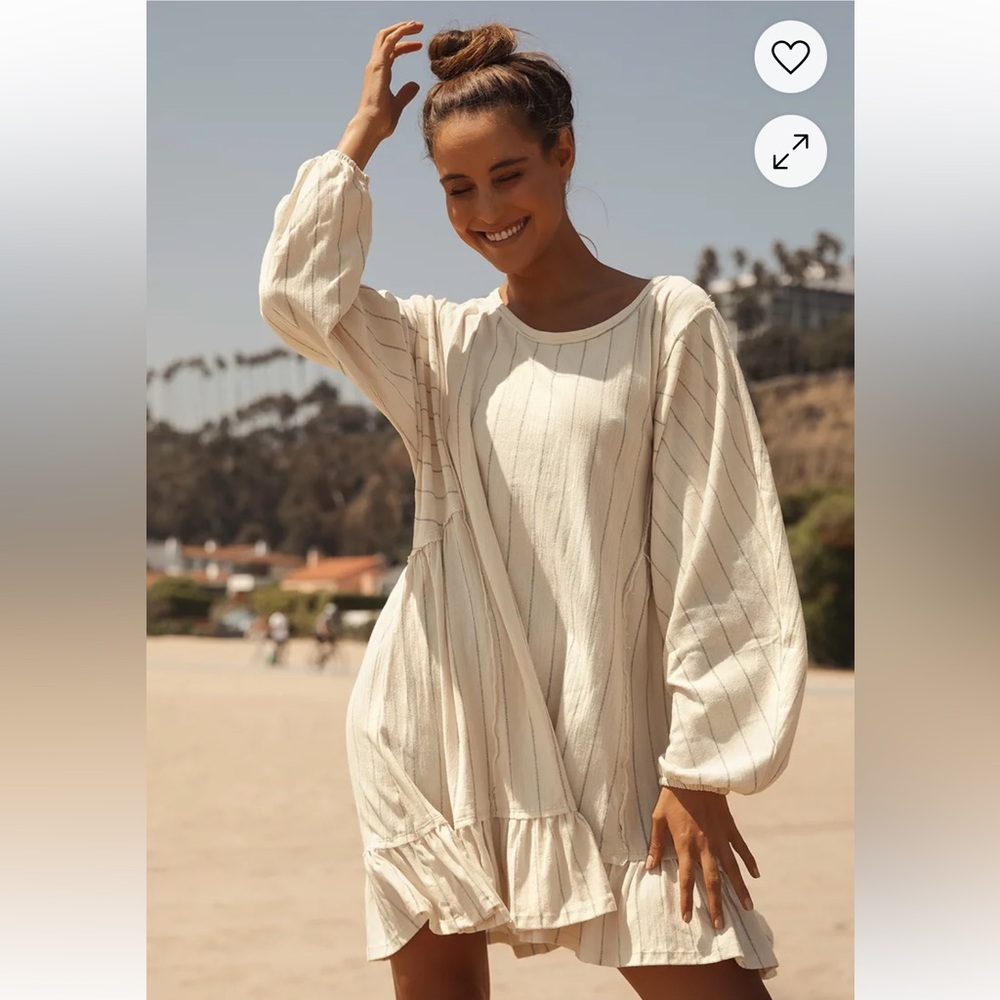 NWT Free People “April” Ivory Striped Long Sleeve Ruffled Dress - size L